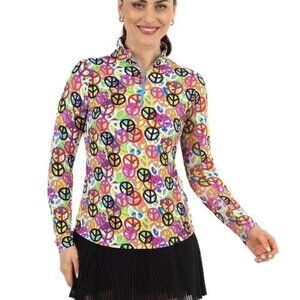 IBKUL Women’s Sz S Peri Peace Sign Long Sleeve Mock Golf Shirt UPF 50+